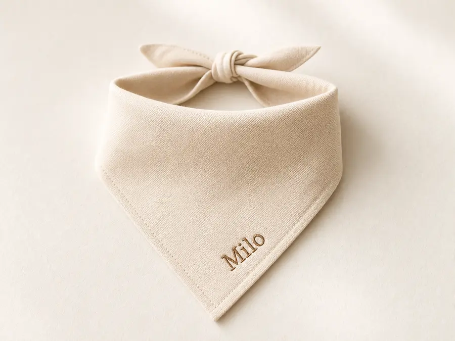 Cream embroidered dog bandana with a dog name
