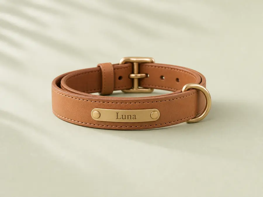 Tan leather personalized dog collar with a nameplate