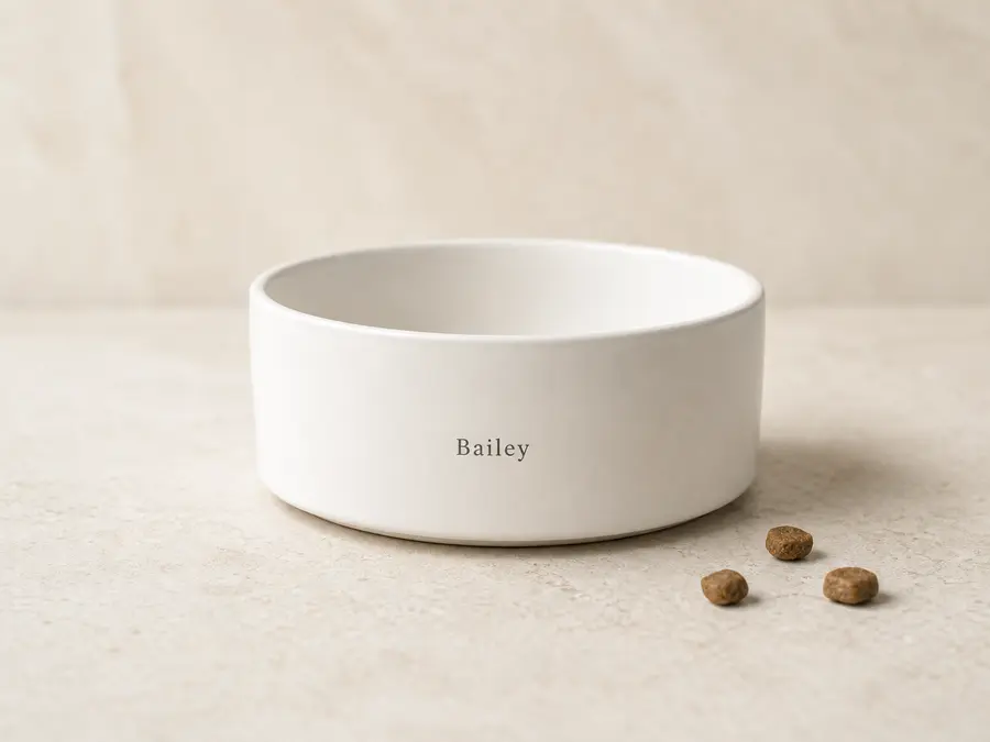 White ceramic personalized dog bowl with kibble nearby