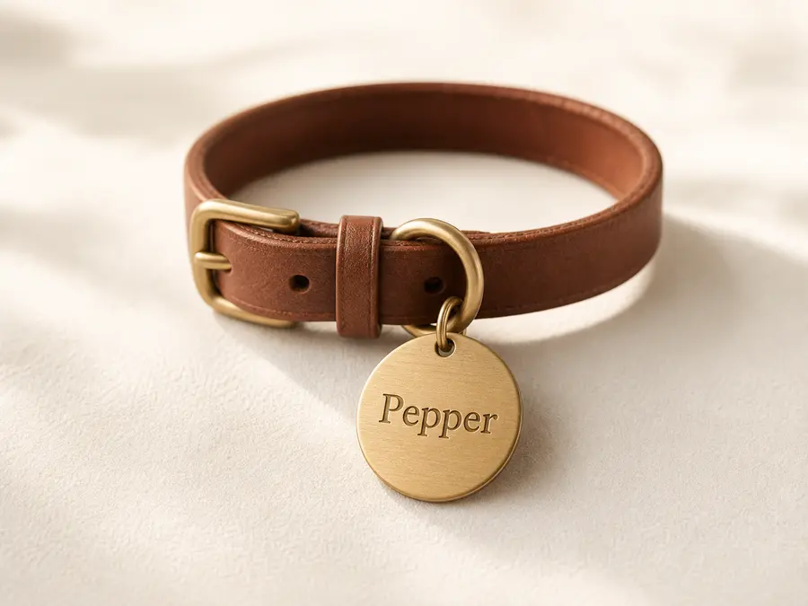 Engraved gold dog ID tag on a brown collar