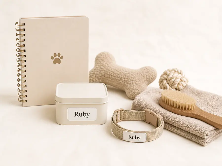 Dog care labels and record notes.