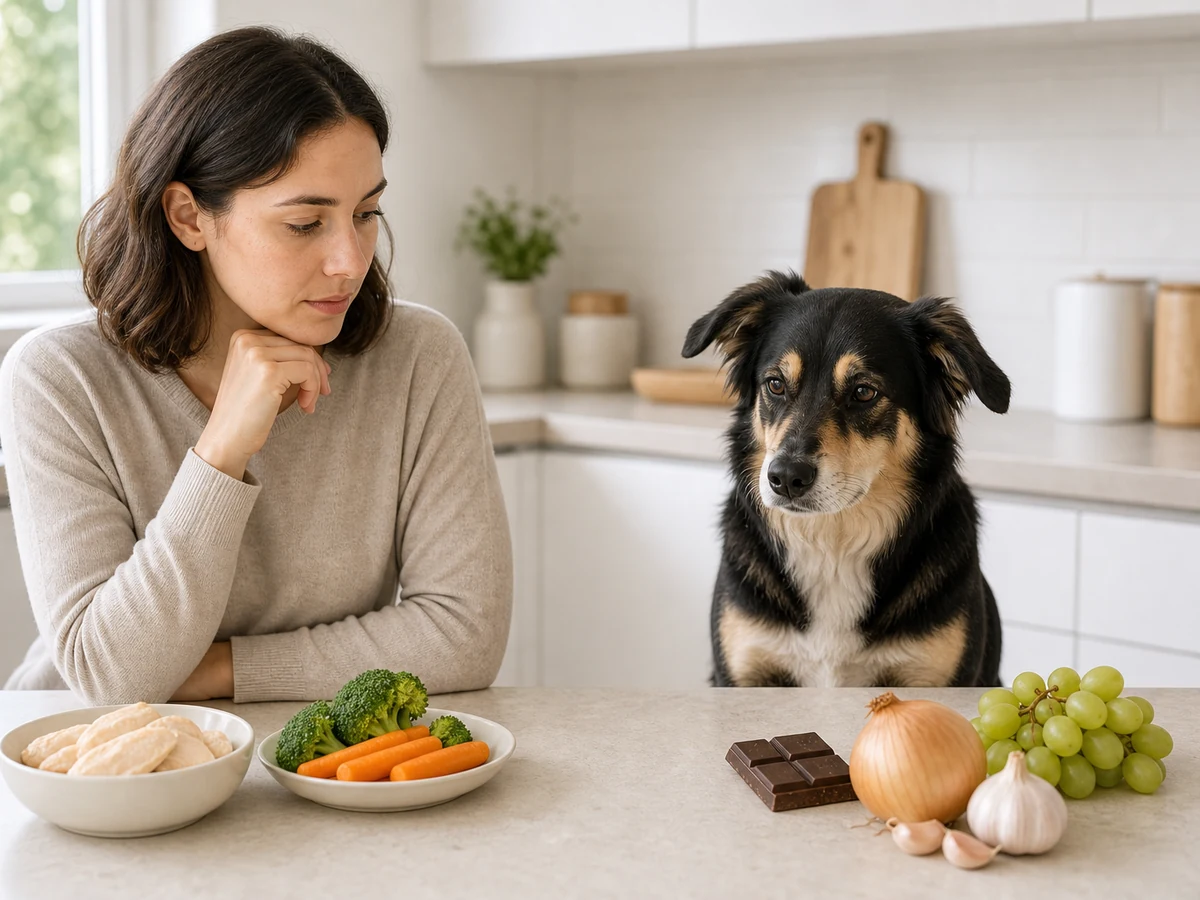 Dog beside plain dog-safe foods and unsafe foods on a kitchen counter.