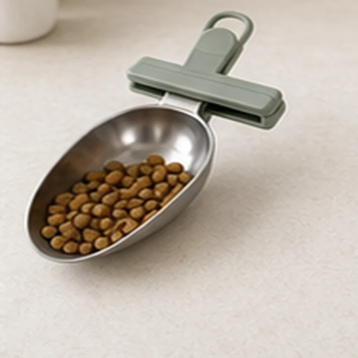 Dog food scoop with clip for closing the bag.