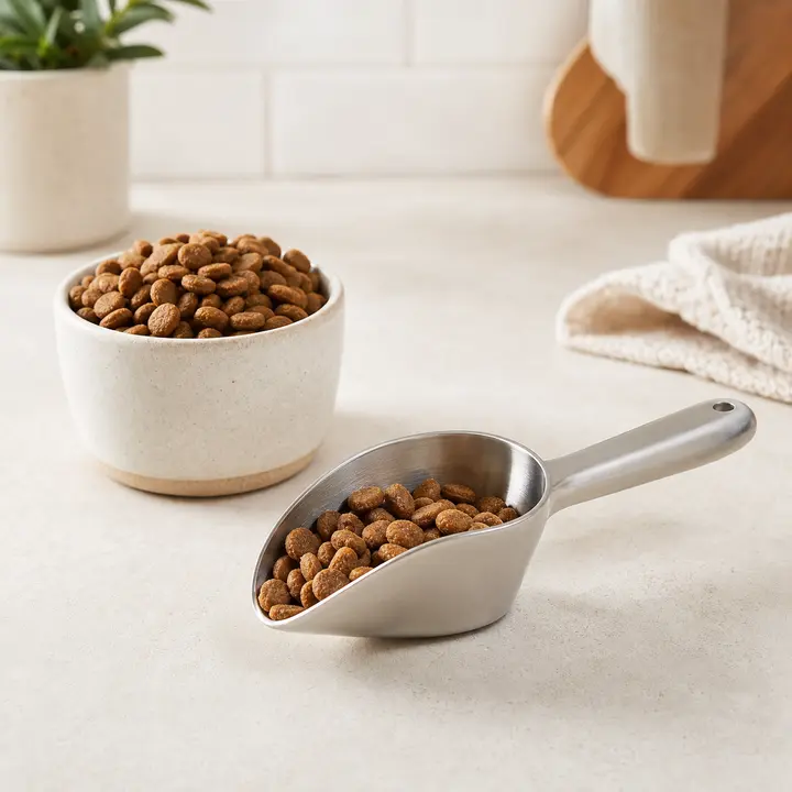 Measuring scoop with dog food for repeatable meals.