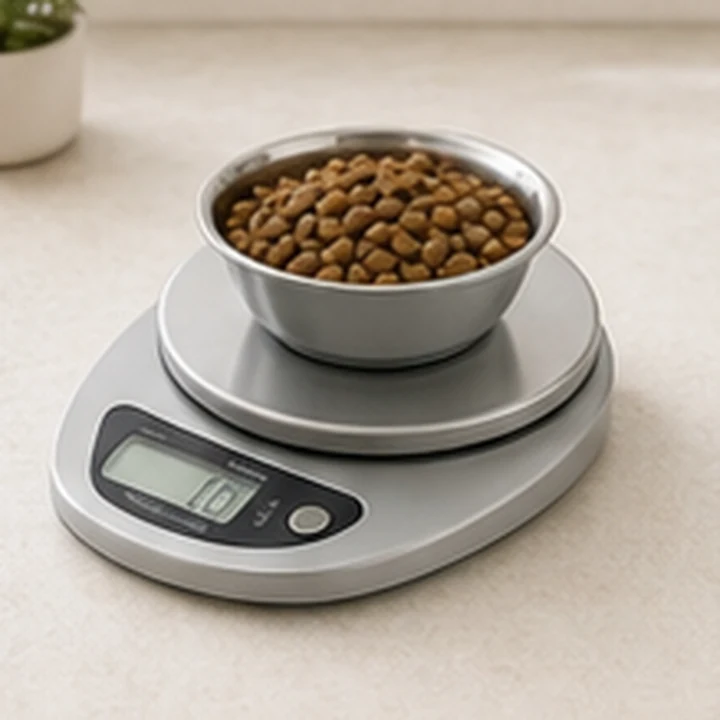 Kitchen scale for measuring dog food portions.