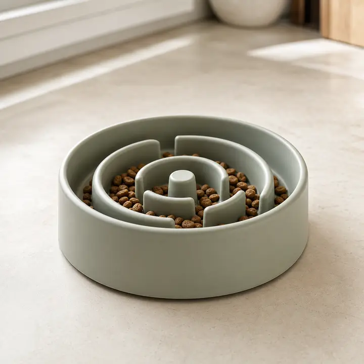 Slow feeder bowl set up for a measured dog meal.