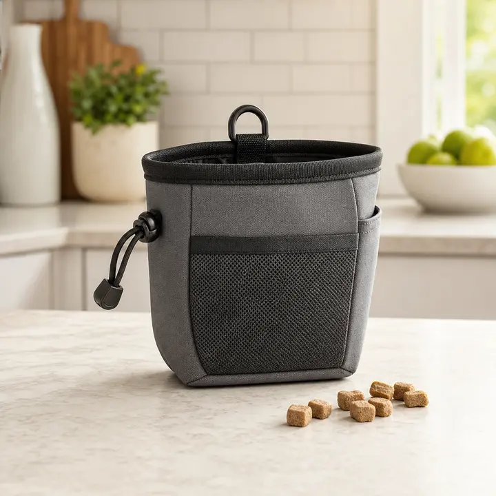 A dog training treat pouch with small training treats.