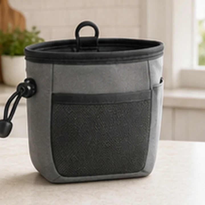 Sealed travel container for measured dog food portions.