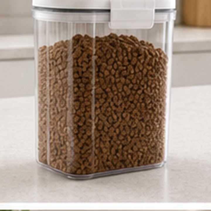 Airtight dog treat jar beside measured food.