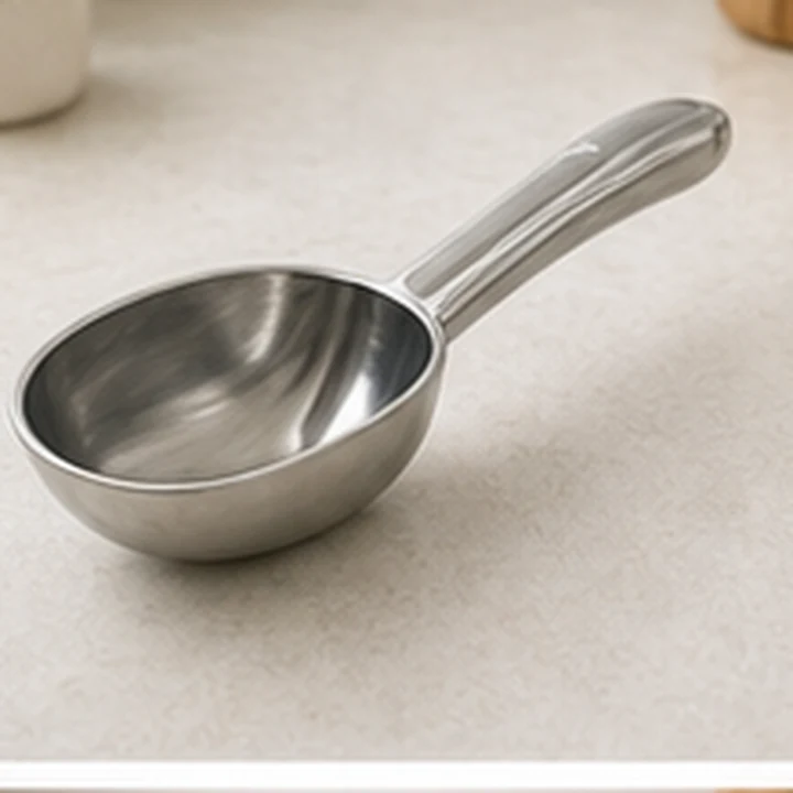 A small metal scoop on a kitchen counter for measuring soft food.