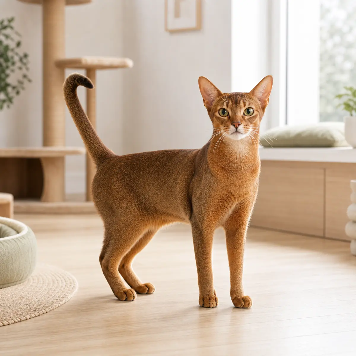 Abyssinian cat standing in a bright modern home