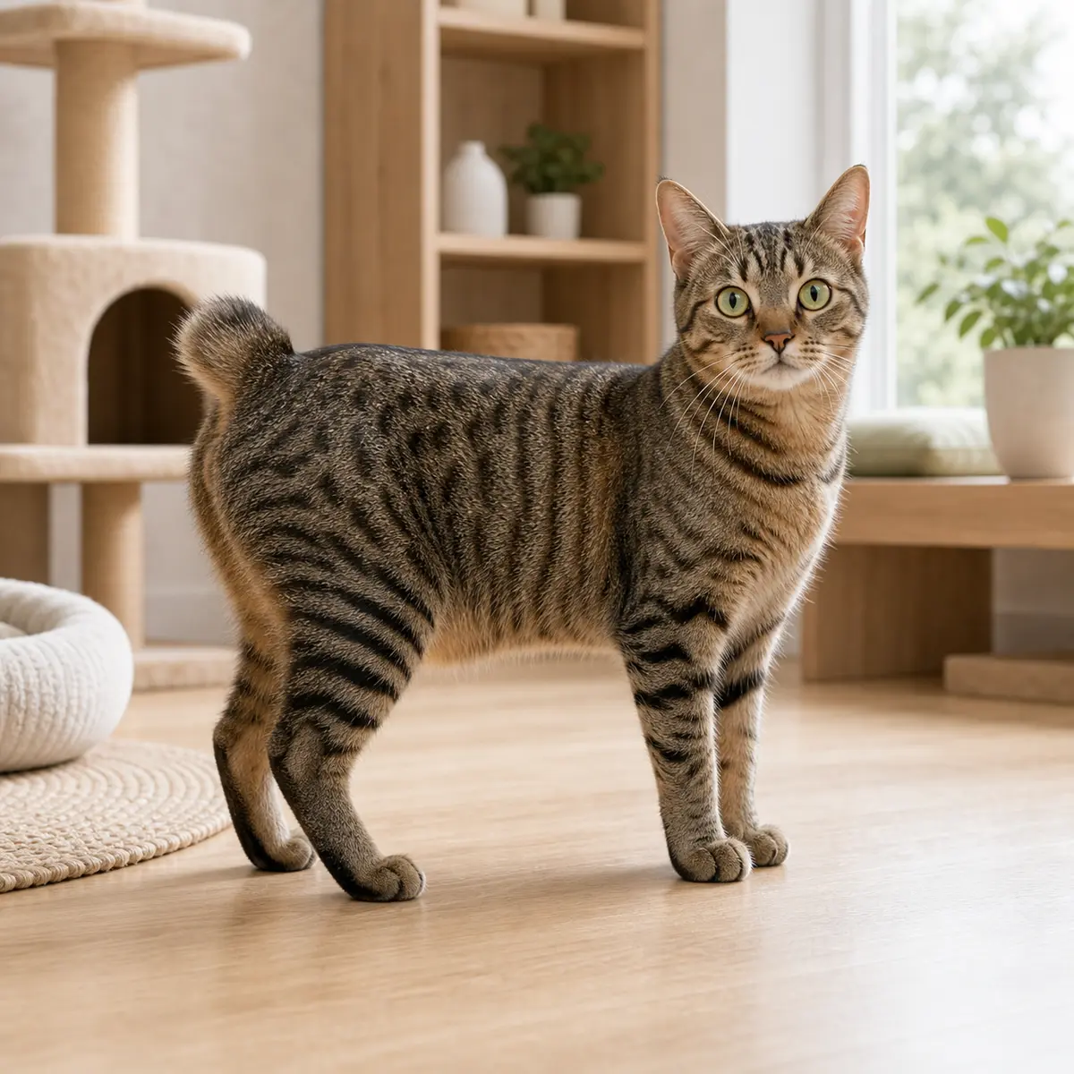 American Bobtail Shorthair cat standing in a bright modern home