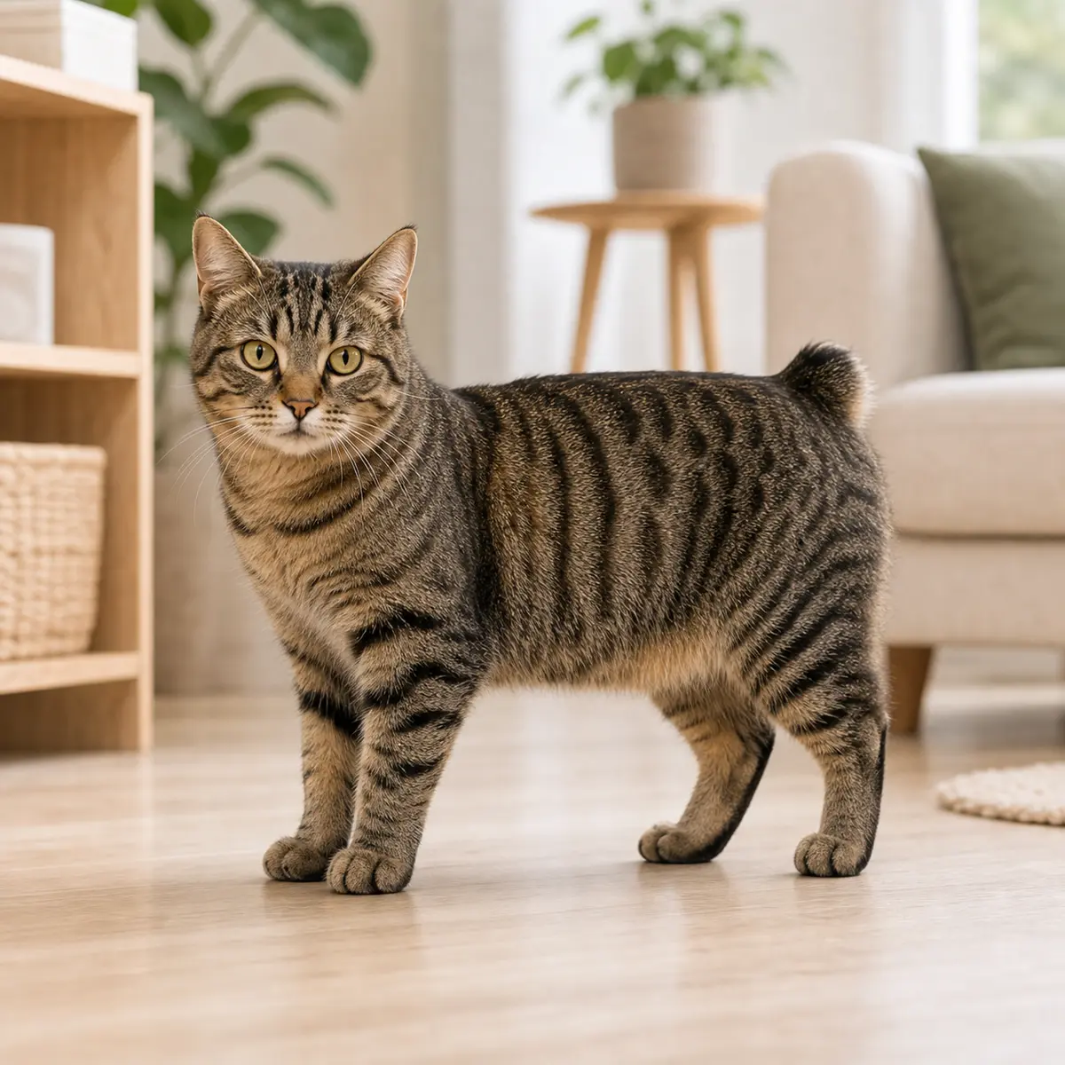 American Bobtail cat standing in a bright modern home
