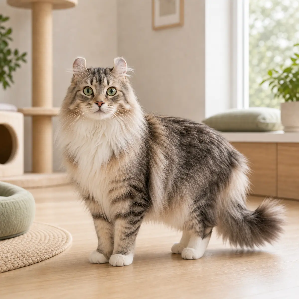 American Curl Longhair cat standing in a bright modern home