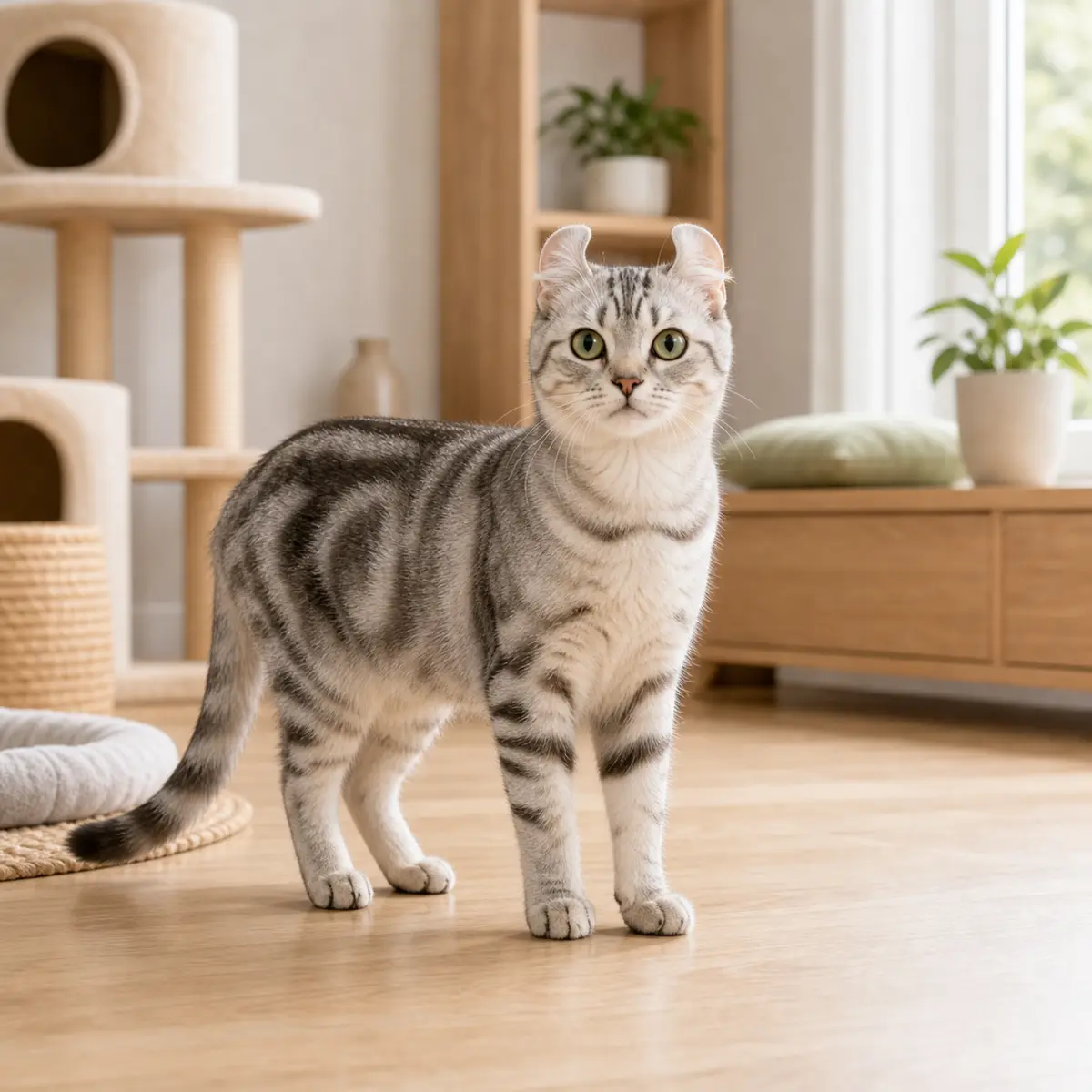 American Curl Shorthair cat standing in a bright modern home