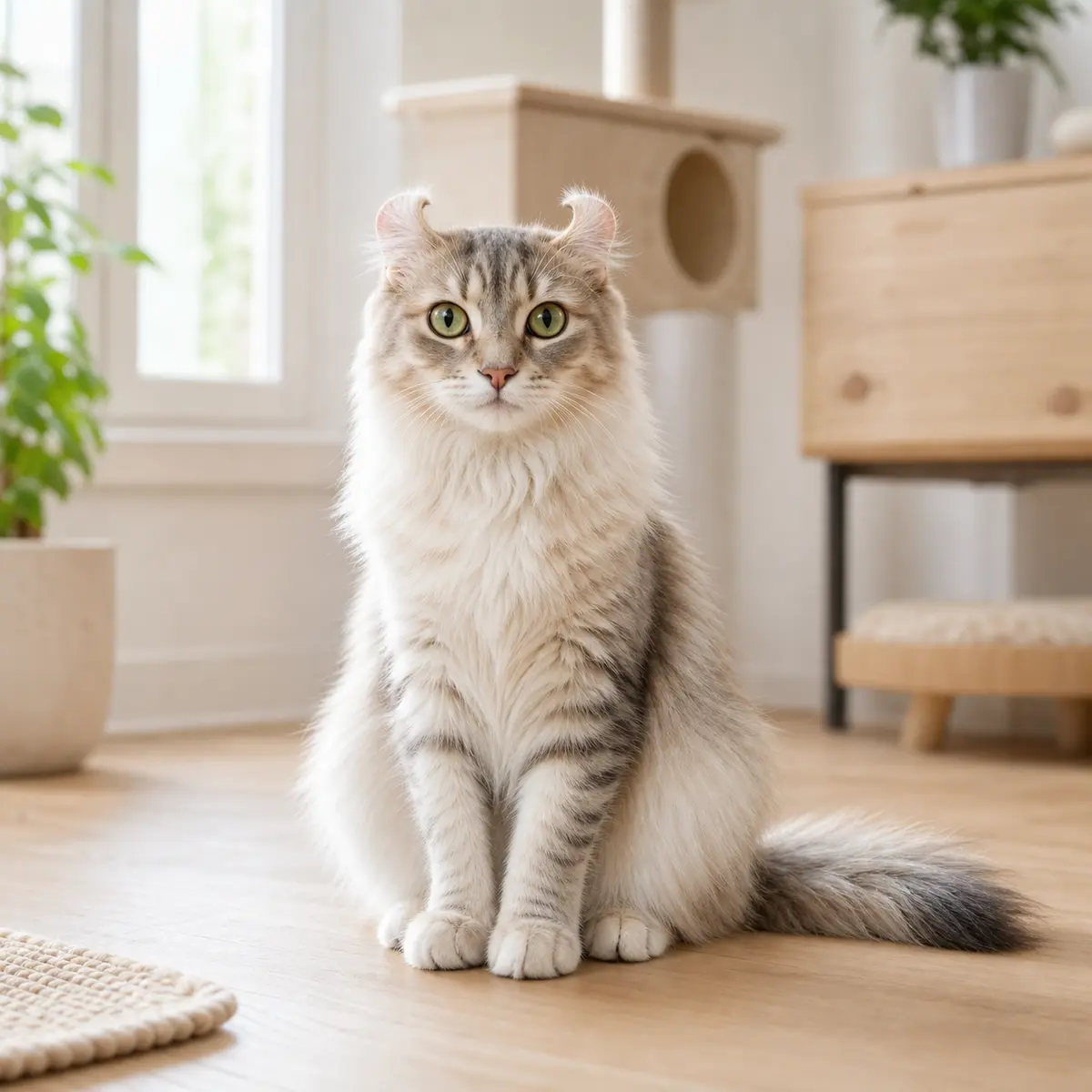 American Curl cat sitting in a bright modern home