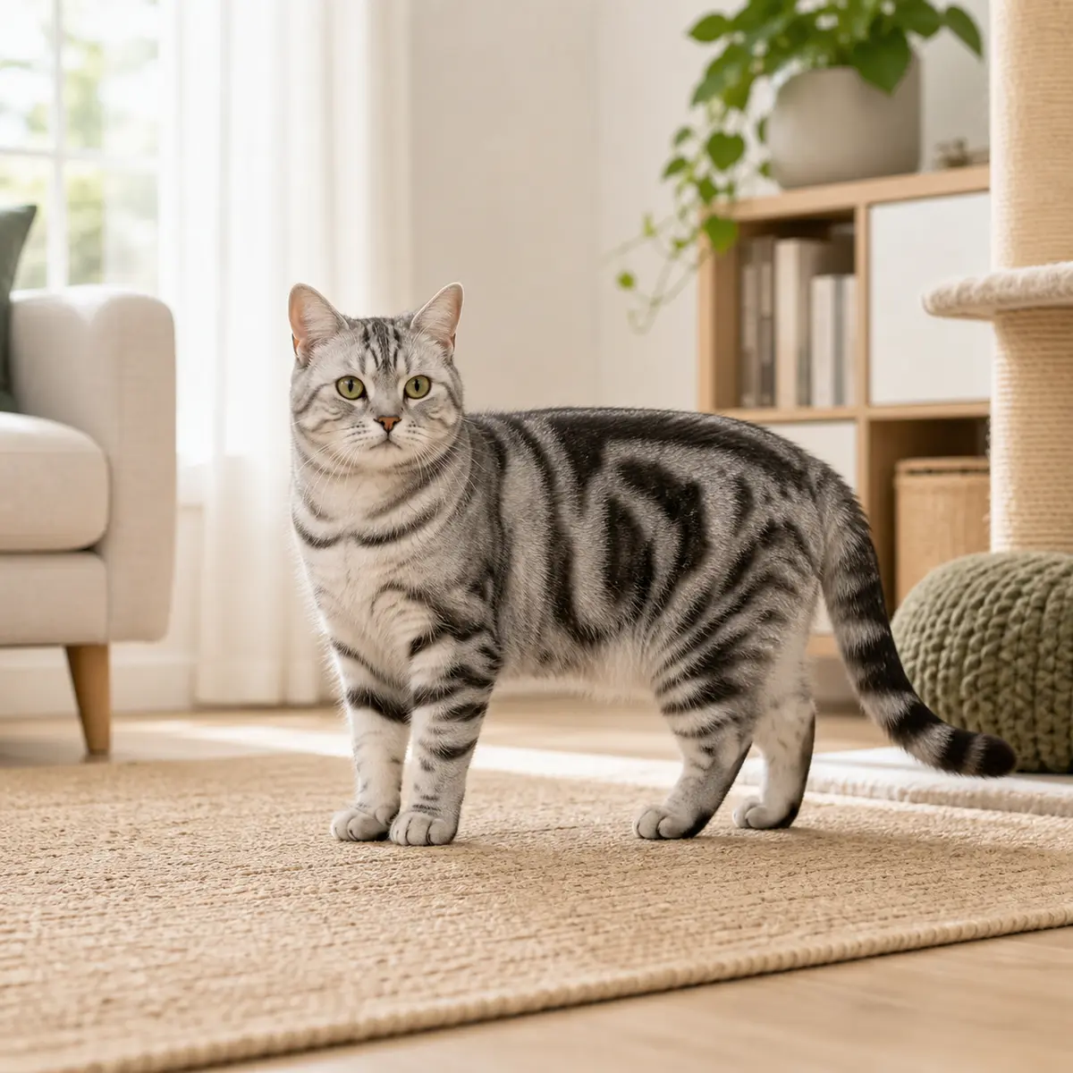 American Shorthair cat standing in a bright modern home