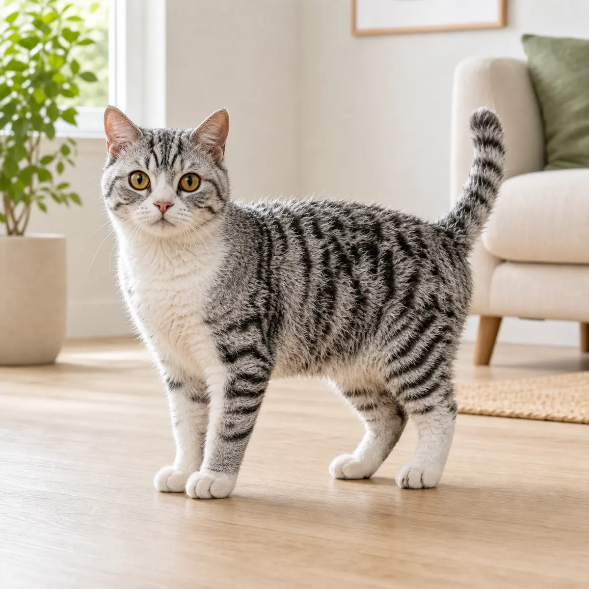 American Wirehair cat standing in a bright modern home