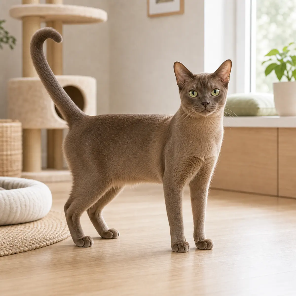 Asian cat standing in a bright modern home