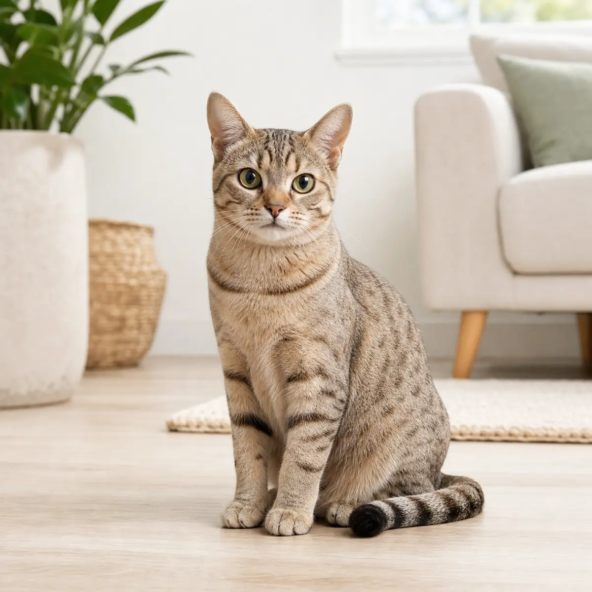 Australian Mist cat sitting in a bright modern home