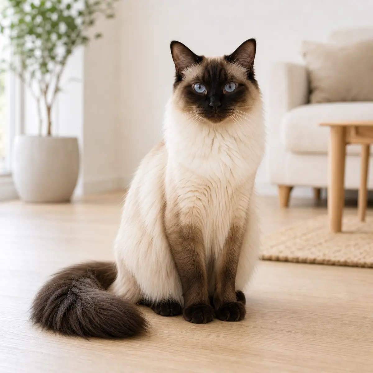 Balinese cat sitting in a bright modern home