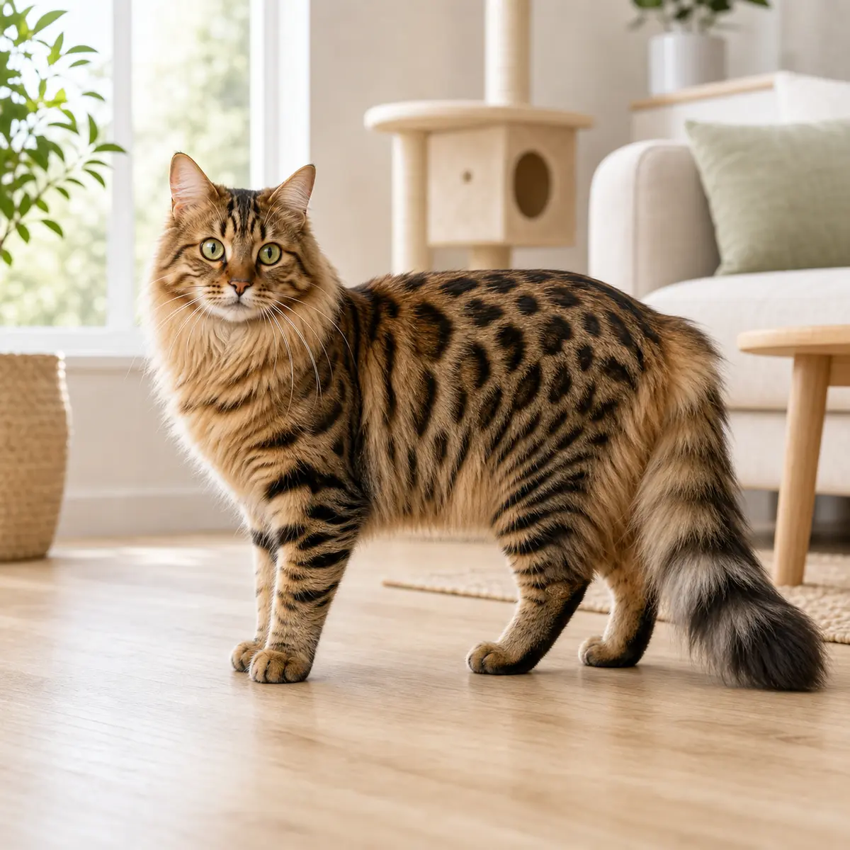 Bengal Longhair cat standing in a bright modern home