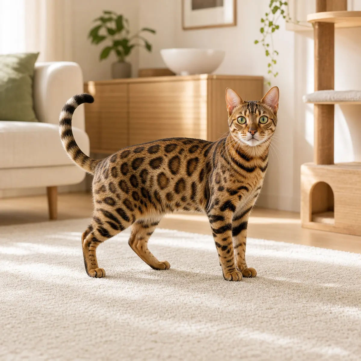 Bengal cat standing in a bright cat-friendly home