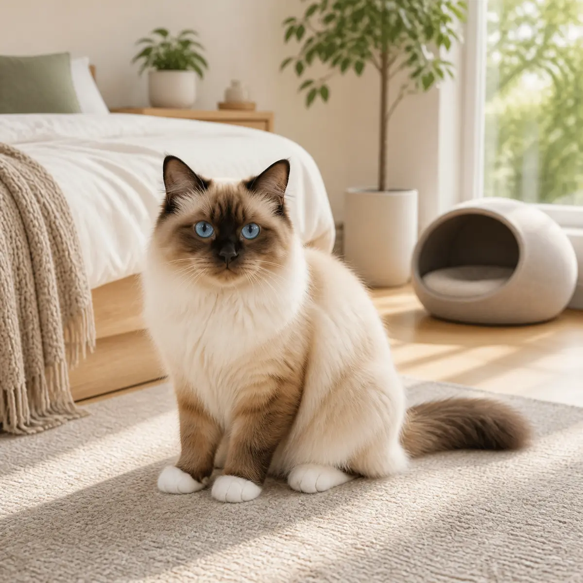 Birman cat sitting in a calm sunlit home