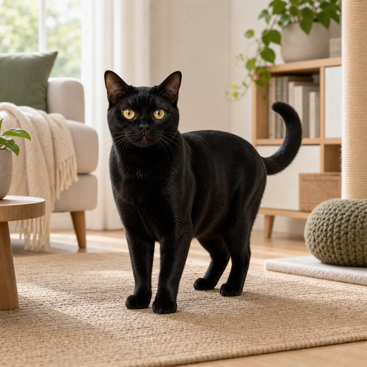 Bombay cat walking through a bright modern home