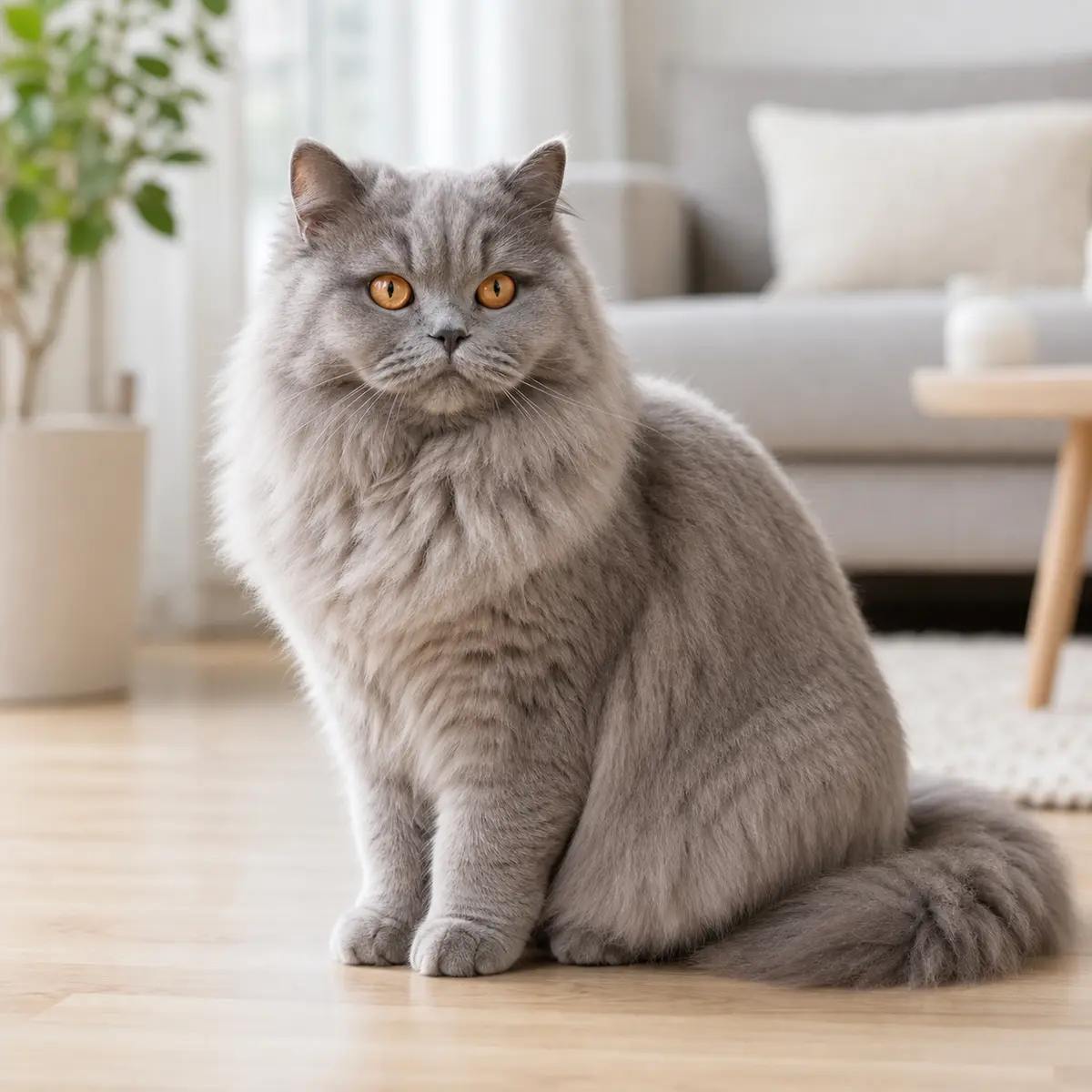 British Longhair cat sitting in a bright modern home