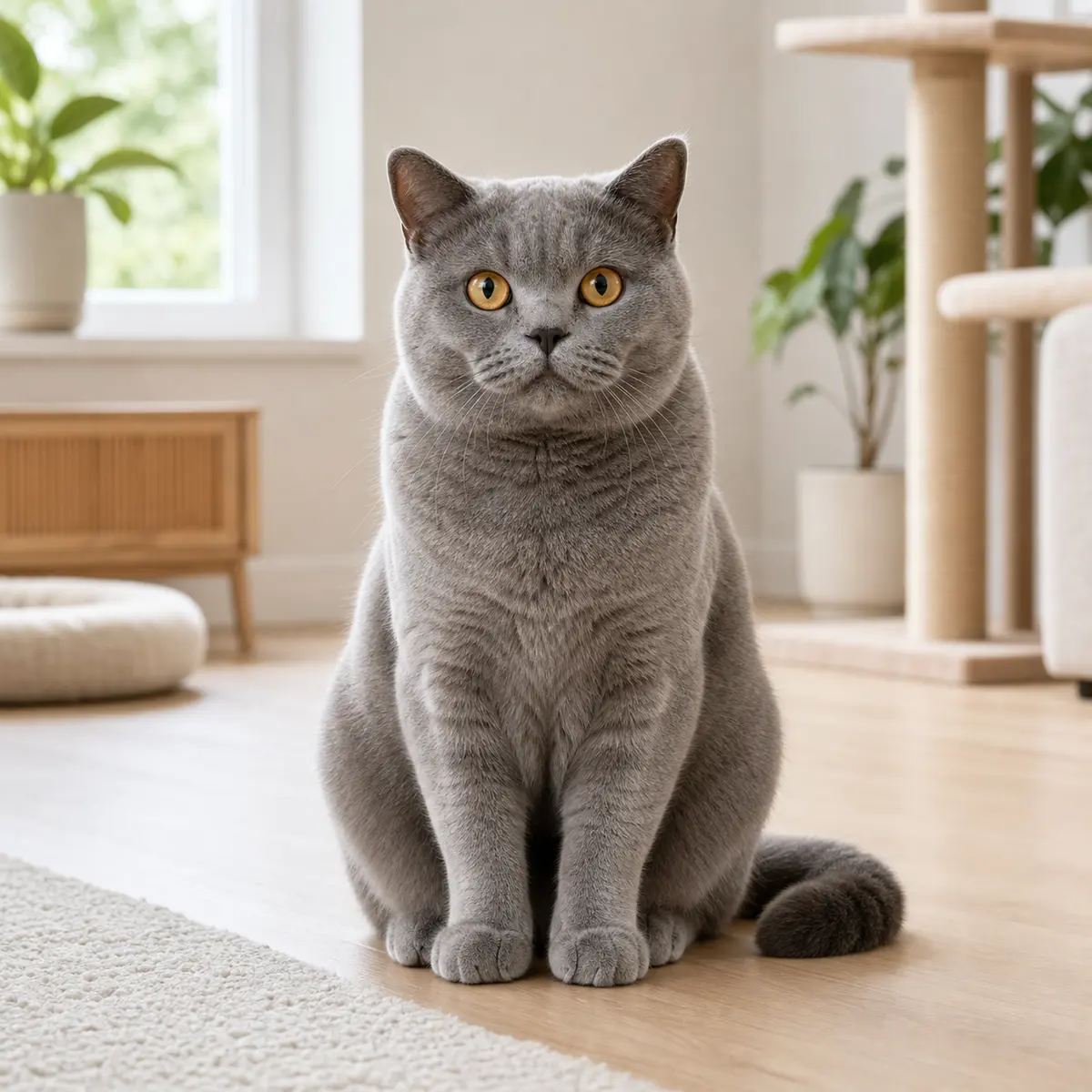 British Shorthair cat sitting in a bright modern home