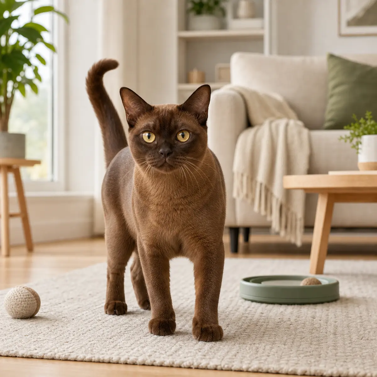 Burmese cat walking through a bright modern home