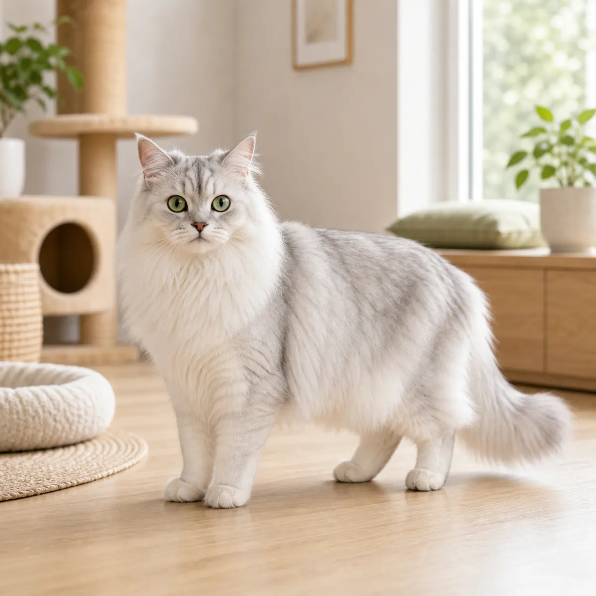 Burmilla Longhair cat standing in a bright modern home