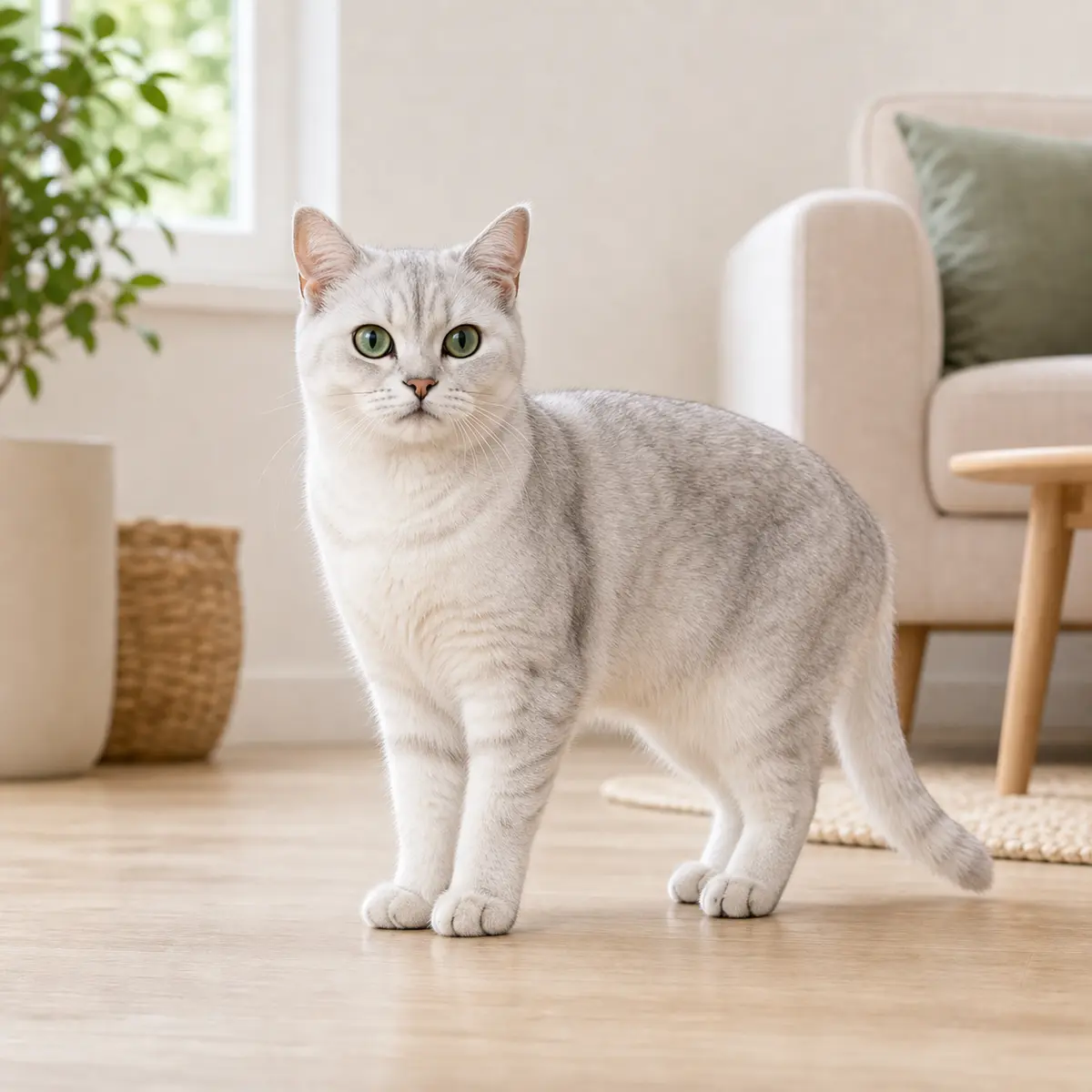 Burmilla cat standing in a bright modern home