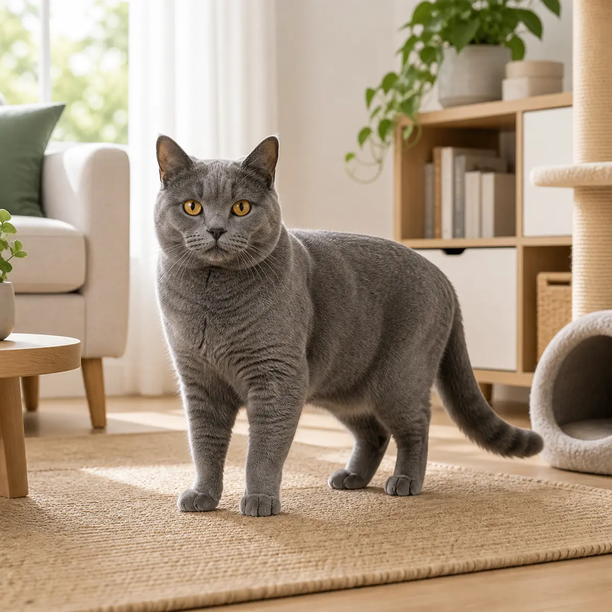 Chartreux cat standing in a bright modern home