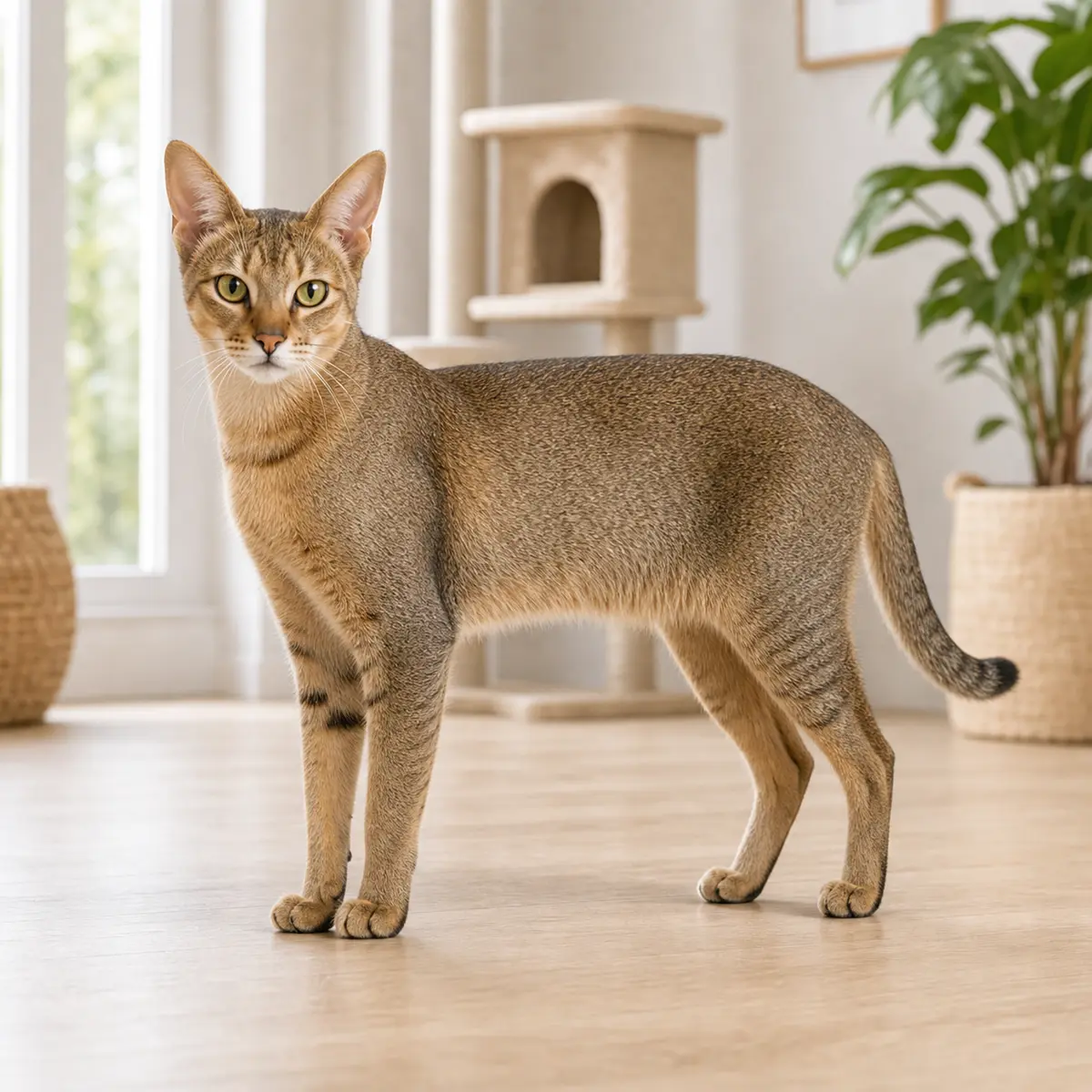 Chausie cat standing in a bright modern home