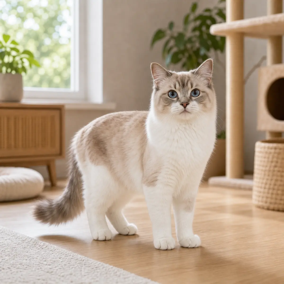 Cherubim cat standing in a bright modern home