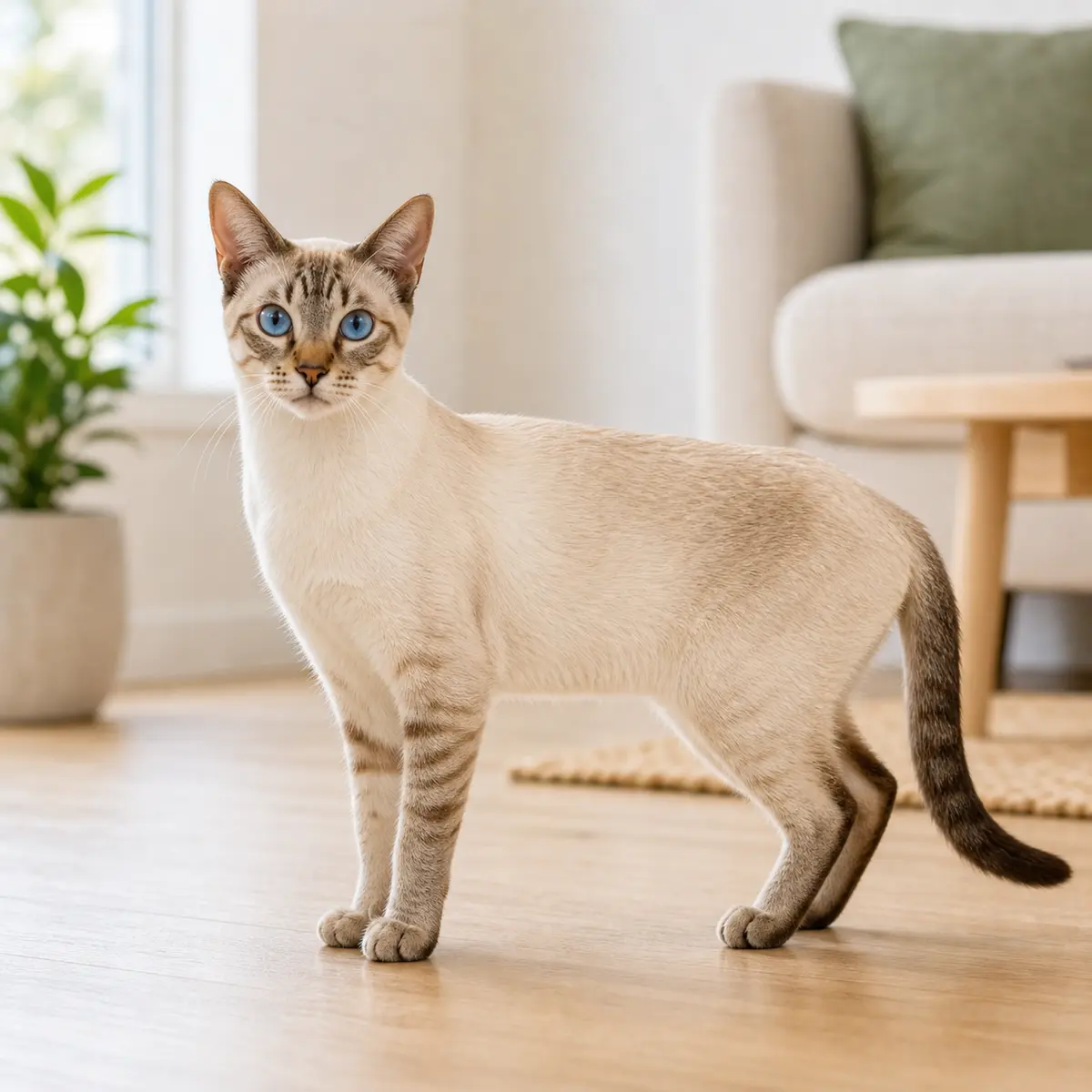 Colorpoint Shorthair cat standing in a bright modern home