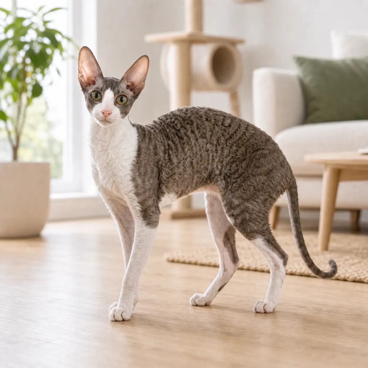 Cornish Rex cat standing in a bright modern home