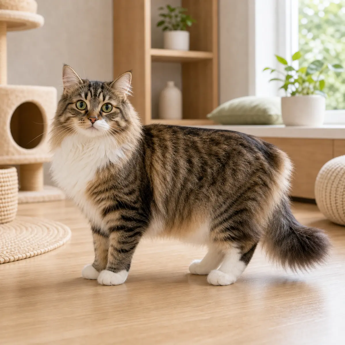 Cymric Tailed cat standing in a bright modern home
