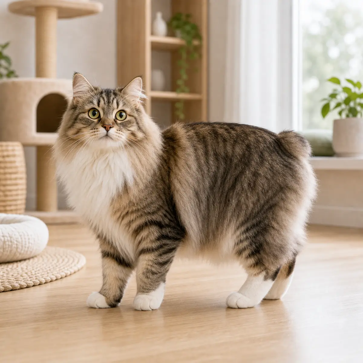 Cymric cat standing in a bright modern home