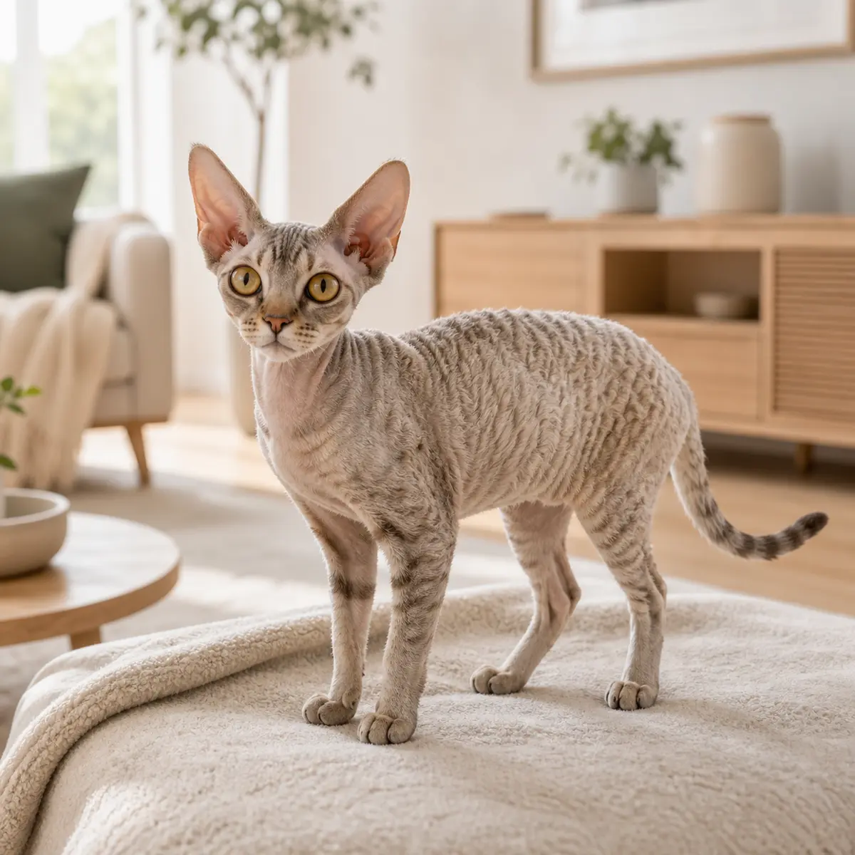 Devon Rex cat standing in a bright modern home