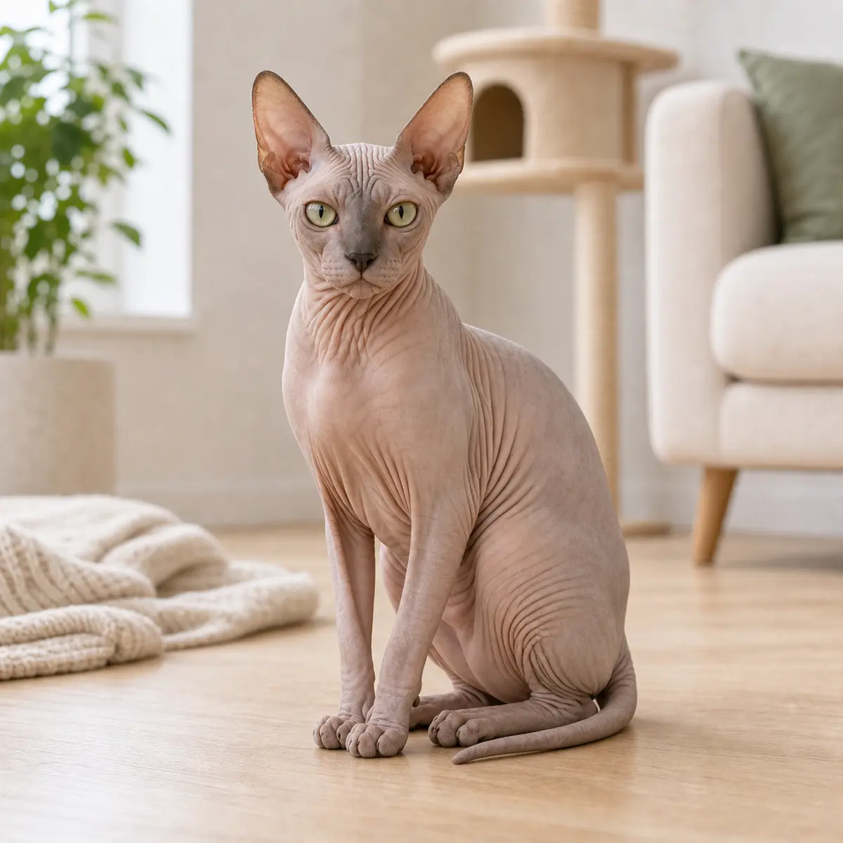 Donskoy cat sitting in a bright modern home