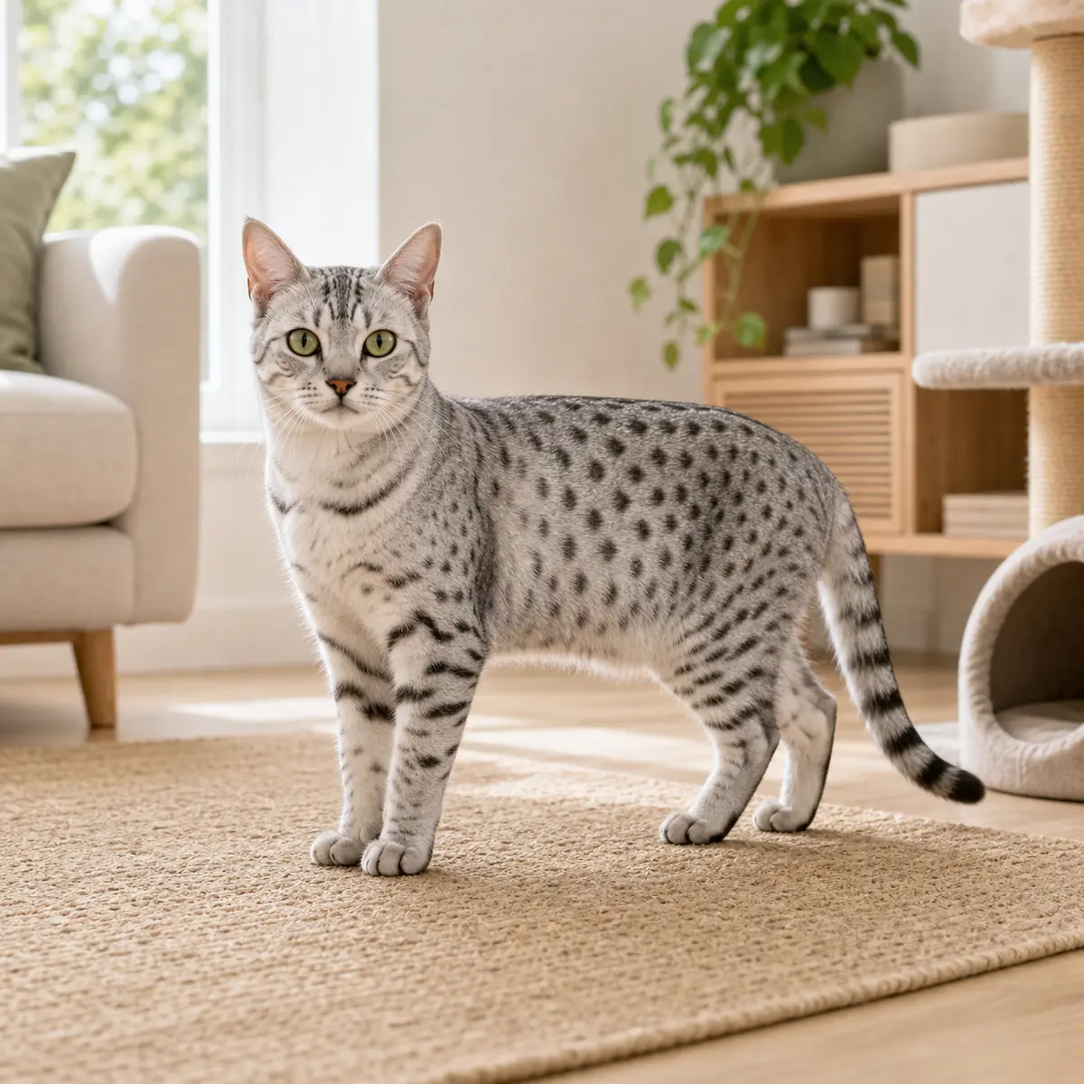 Egyptian Mau cat standing in a bright modern home