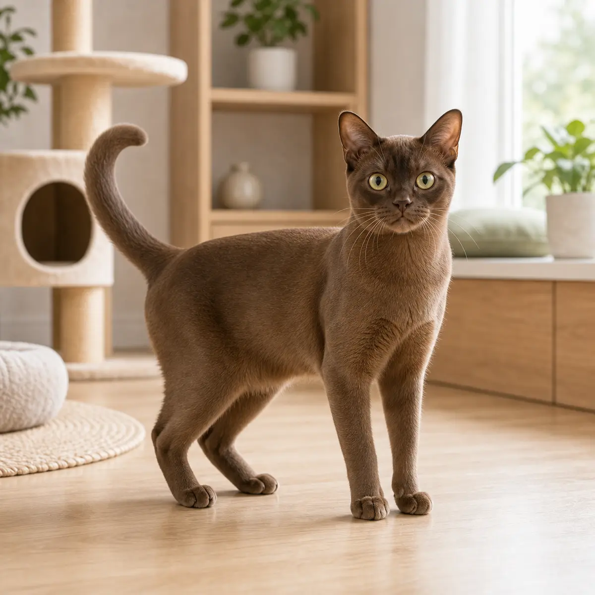 European Burmese cat standing in a bright modern home