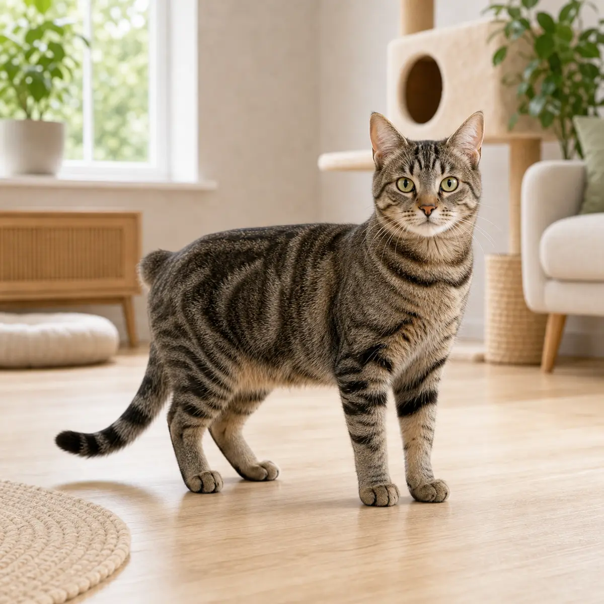 European cat standing in a bright modern home