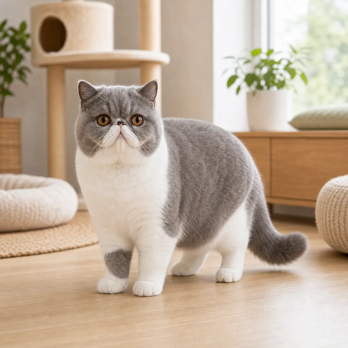 Exotic Shorthair cat standing in a bright modern home
