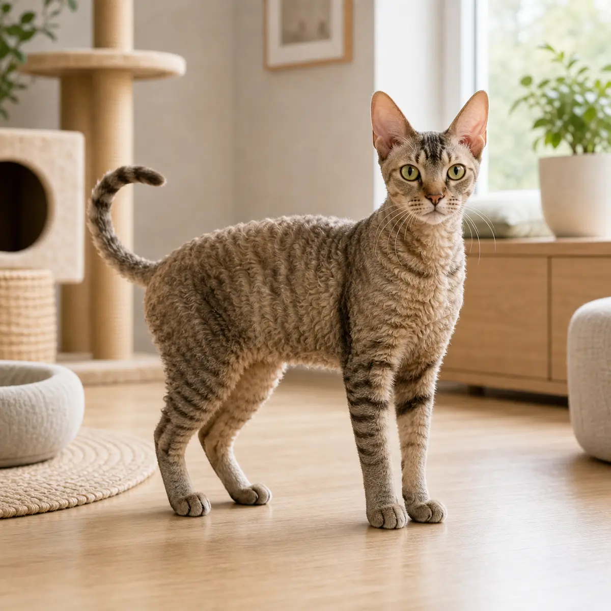 German Rex cat standing in a bright modern home