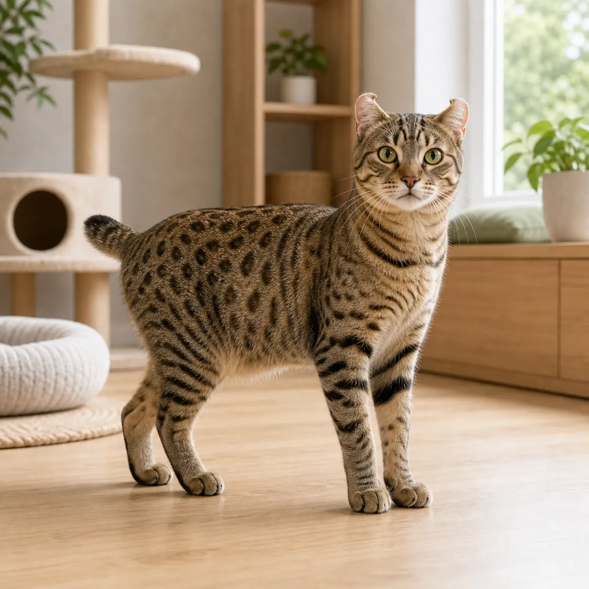 Highlander Shorthair cat standing in a bright modern home