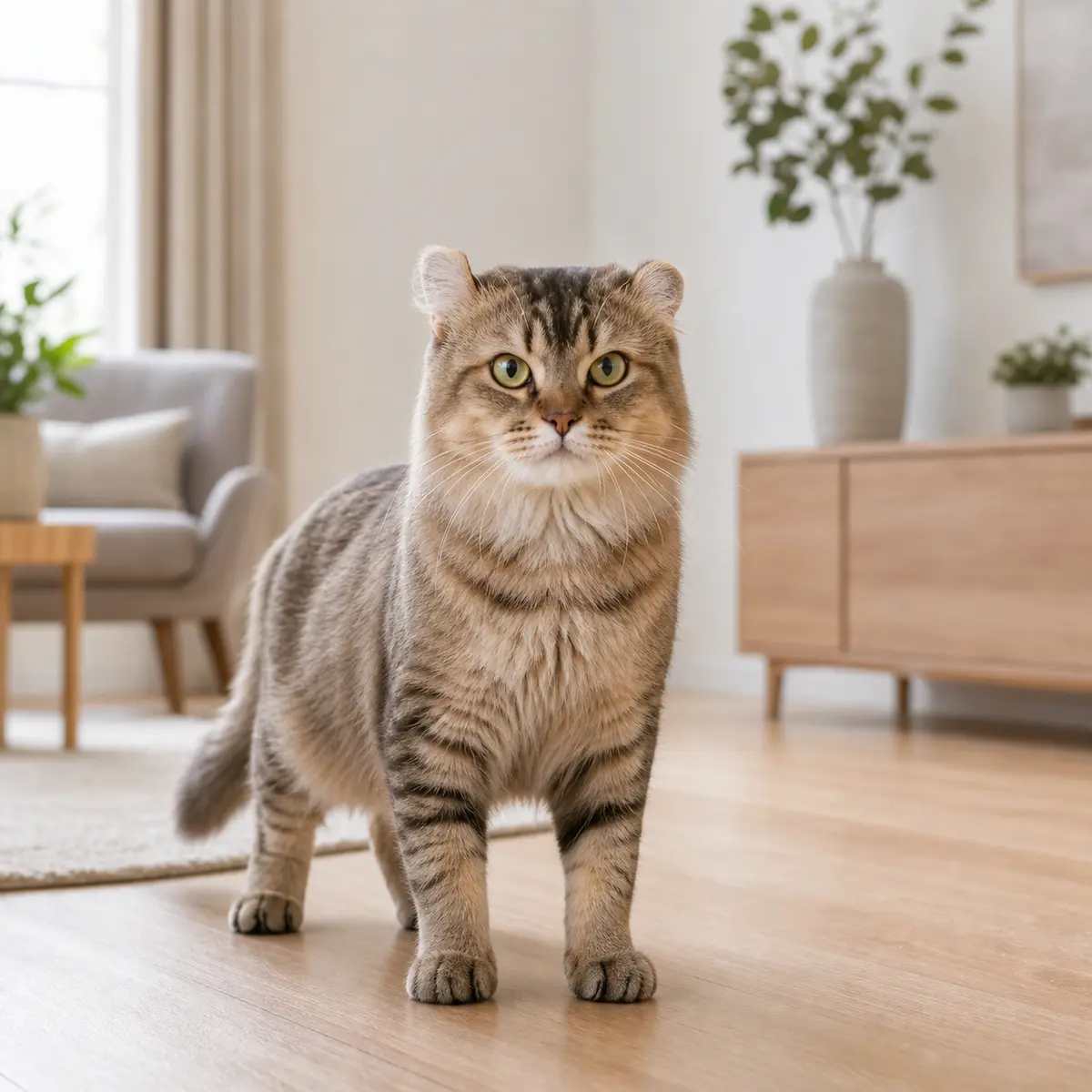 Highlander cat standing in a bright modern home